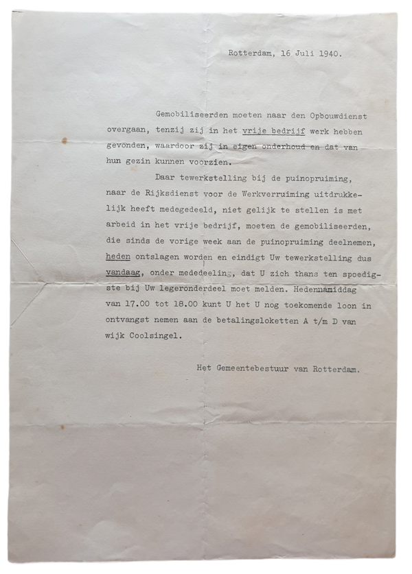 Letter Rotterdam 16th of July 1940 clearing up debris after bombing.