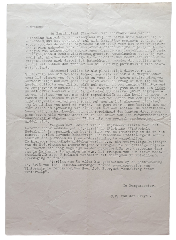 WHN - Winterhulp Nederland Landsmeer letter mayor