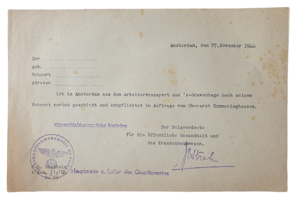 Unused medical certificate Amsterdam workerstransport from the Hague