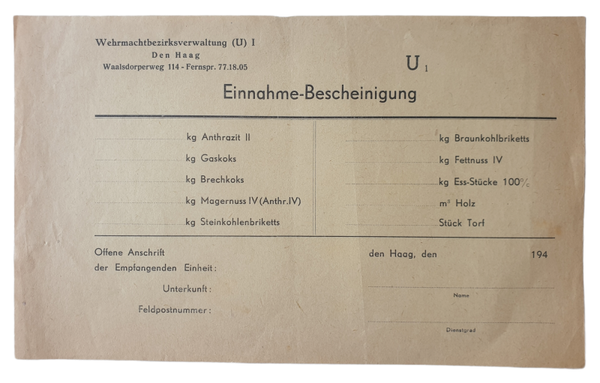 Unused Einnahme-Bescheinugung Wehrmacht Bezirksverwaltung Den Haag