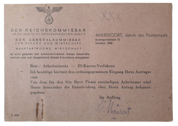 Der Reichskommissar Amersfoort Arbeitseinsatz ZS-Karten-Verfahren document