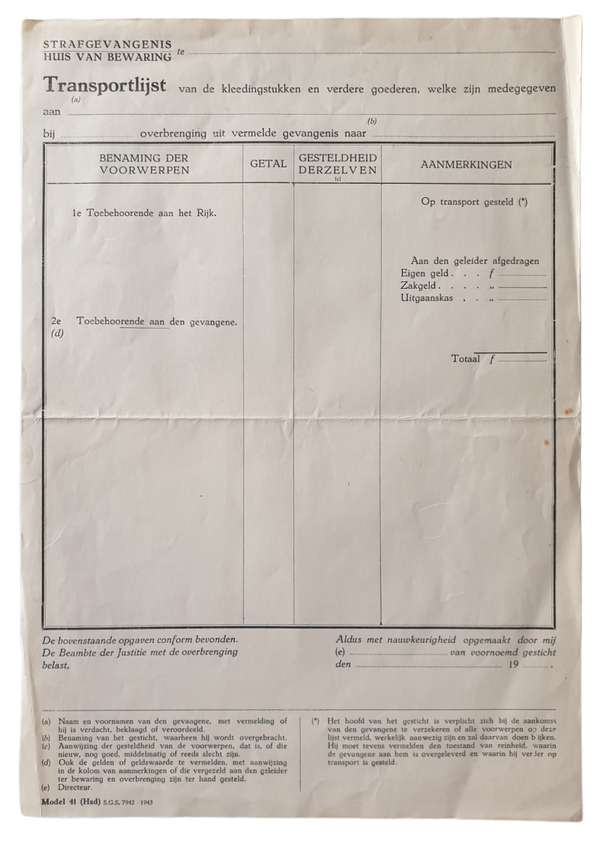 Unused document ''transport list clothing'' from a prison