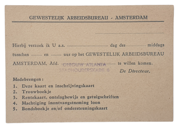 Unused document ''Gewestelijk Arbeidsbureau'' Amsterdam