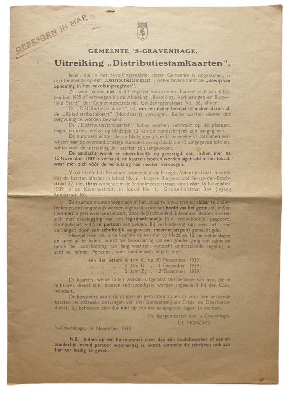 Notice issuing ''Distributiestamkaarten'' The Hague 1939