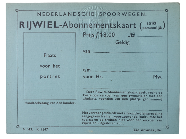 Unused NS Nederlandsche Spoorwegen bicycle subscription 1943