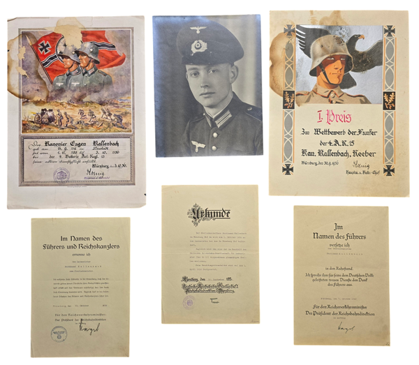 Original WW2 German Document - 4 Batterie Artillerie Regiment 15 Würzburg Citation set (1936 1942)