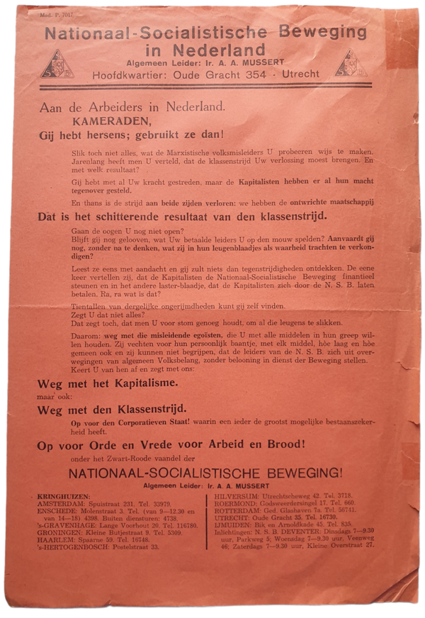 NSB flyer - ''Aan de Arbeiders in Nederland''