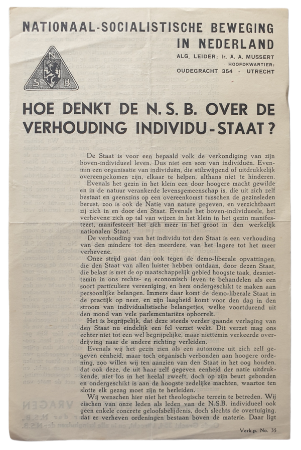 NSB flyer - ''Hoe denkt de NSB over de verhouding individu-staat''