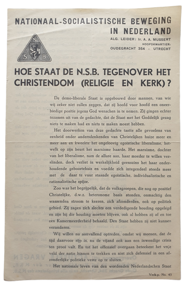 NSB flyer - ''Hoe staat de NSB  tegenover het Christendom?''
