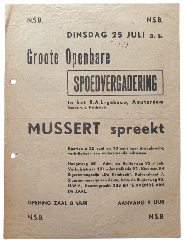 NSB flyer - ''Groote openbare spoedvergadering'' RAI Amsterdam Mussert