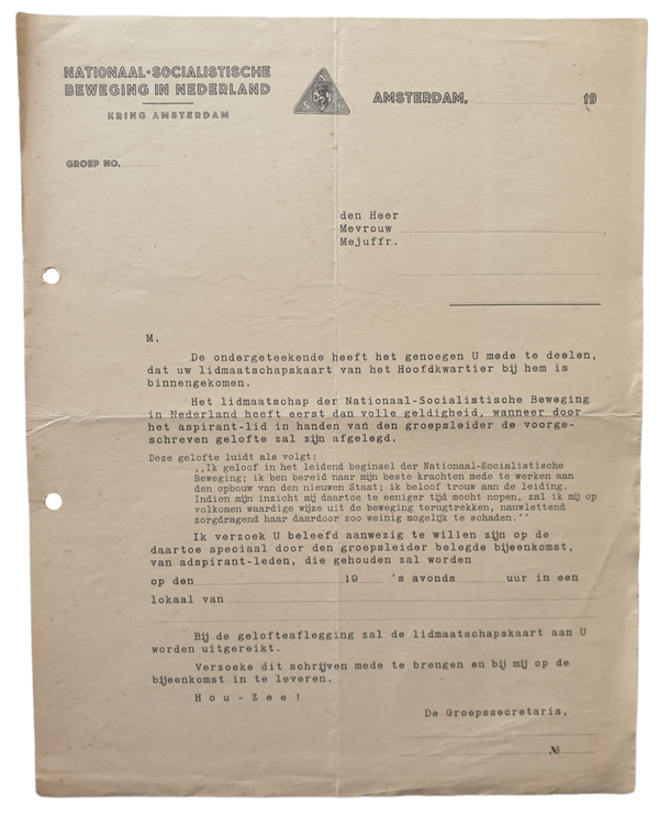 NSB letter - pledging allegiance to the NSB membership Amsterdam