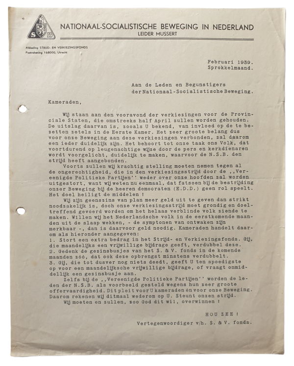 NSB letter - ''Strijd- en Verkiezingsfonds'' 1939