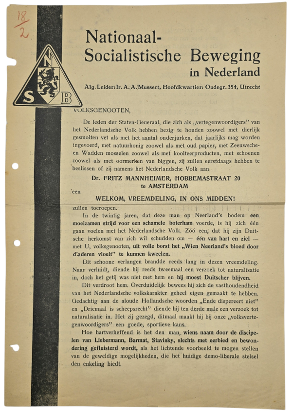 Original WW2 Dutch Collaboration NSB Document - Volksgenooten! Hou zee! (1936)