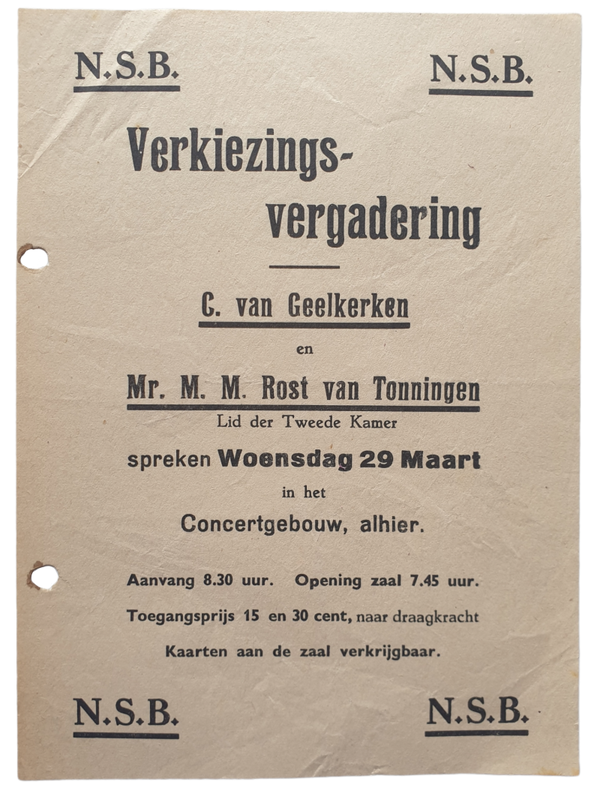 NSB flyer - ''Verkiezingsvergadering'' Geelkerken & Rost van Tonningen