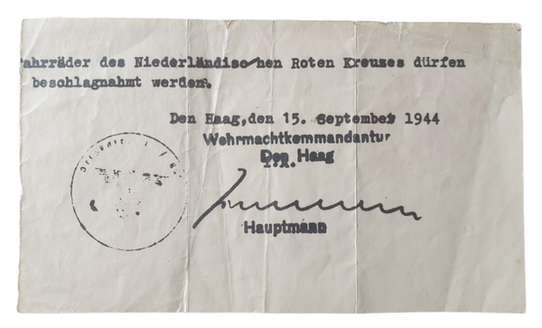 Dutch red cross bicycle permit The Hague 1944