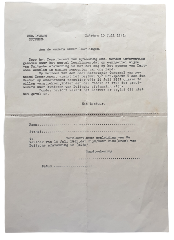Document - Zutphen students with German descent, 10th of July 1941