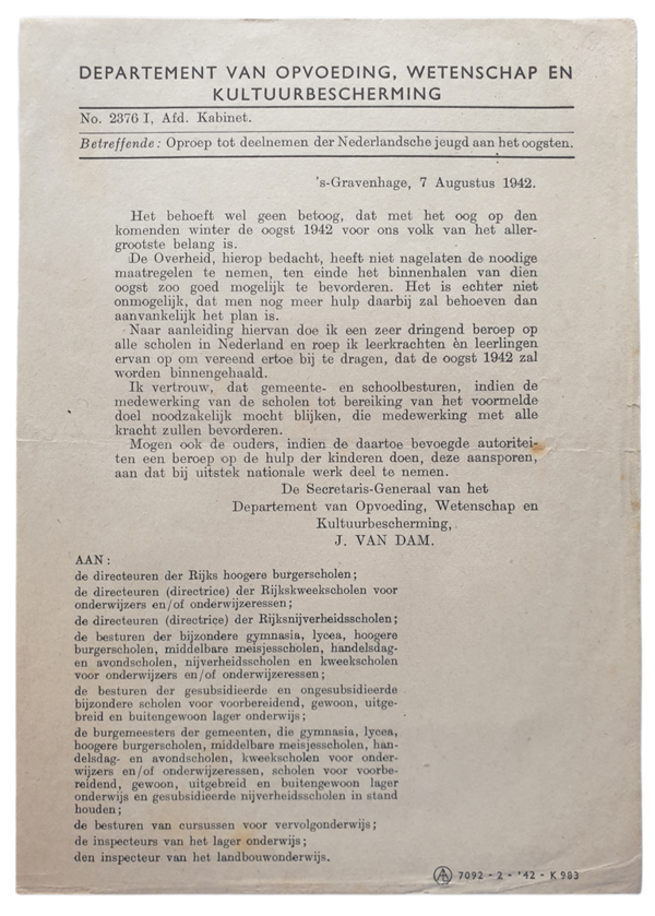 Document - Call for the Dutch youth to participate in the harvest, 7th of August 1942
