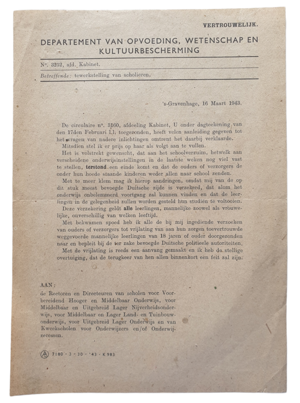 Document - forced employment of Dutch students 16th of March 1943