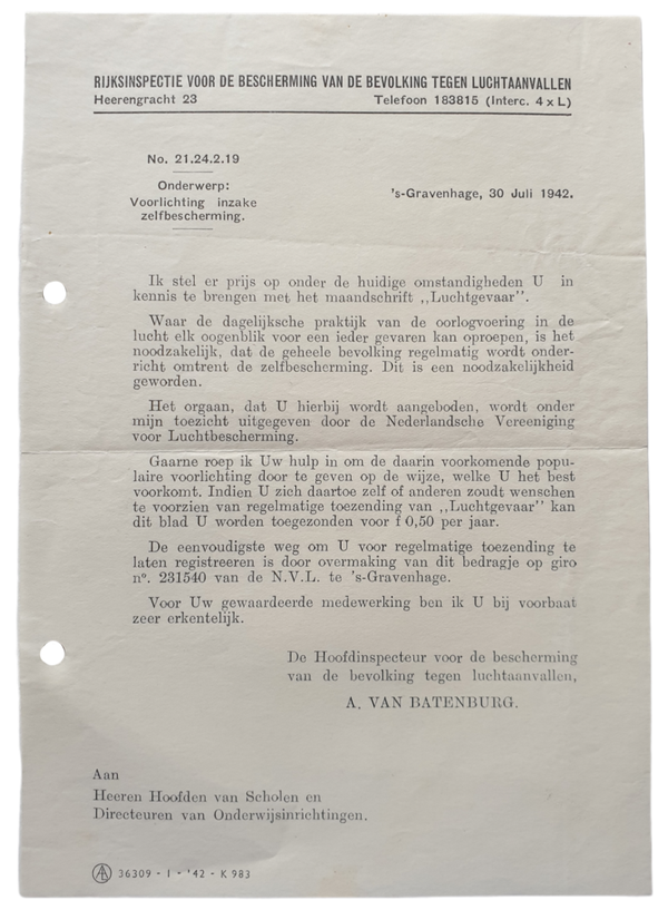 LBD - Luchtbeschermingsdienst document 30th of July 1942