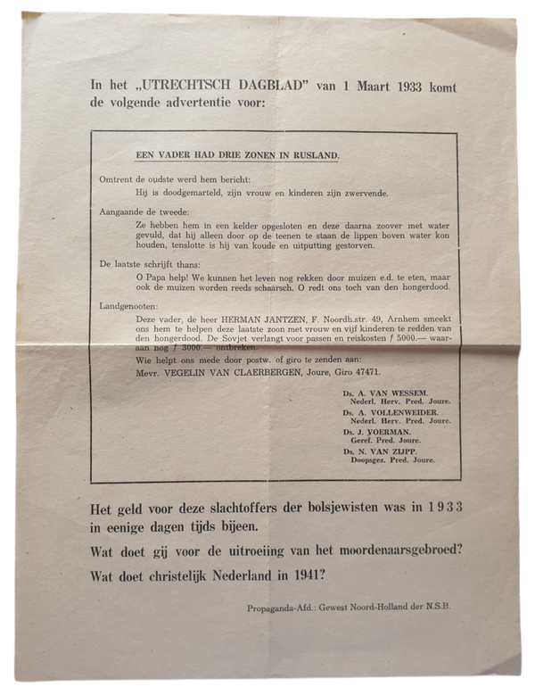 NSB flyer - ''victims of Bolsjewism in 1933'' NSB Noord-Holland