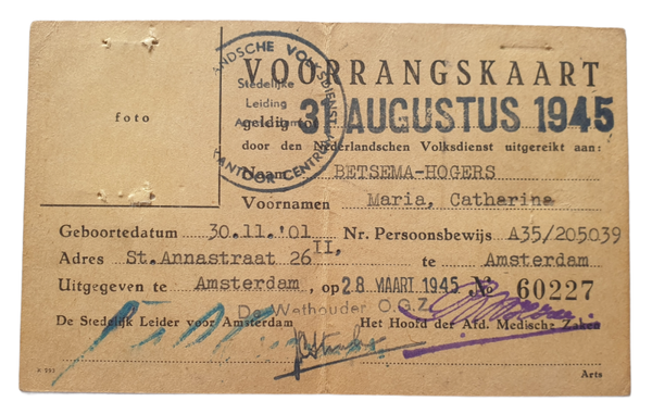 NVD - Voorrangskaart Amsterdam 28th of March 1945