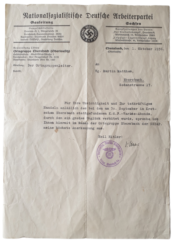 NSDAP Ortsgruppe Ebersbach document KDF Variete Abends