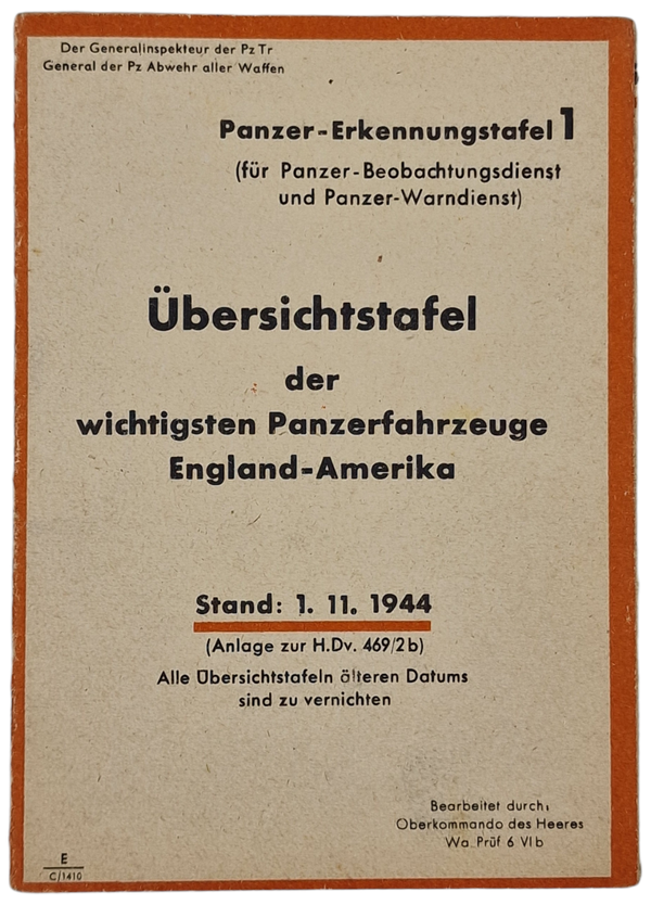 Original WW2 German Document -  Panzer Erkennungstafel 1: Übersichtstafel der wichtigsten Panzerfahrzeuge England - Amerika (1944)