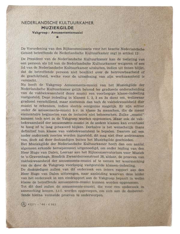 Document Nederlandsche Kultuurkamer - Muziekgilde group ''amusementmusici''