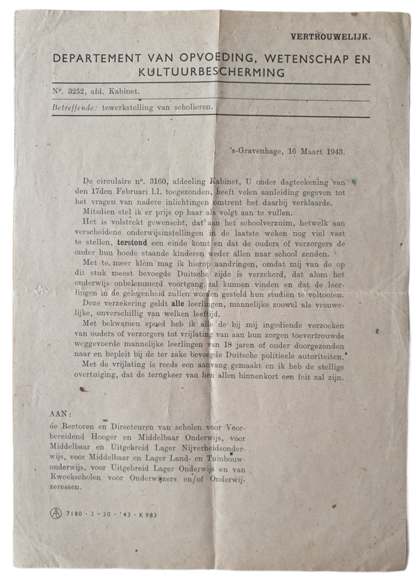 Document - forced employment of Dutch students 16th of March 1943
