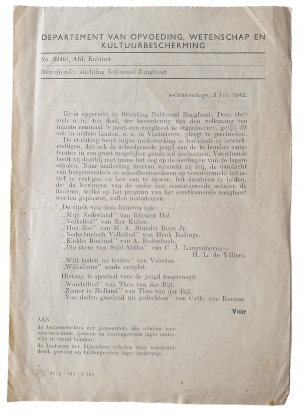 Document - Notice National song festival 3th of July 1942