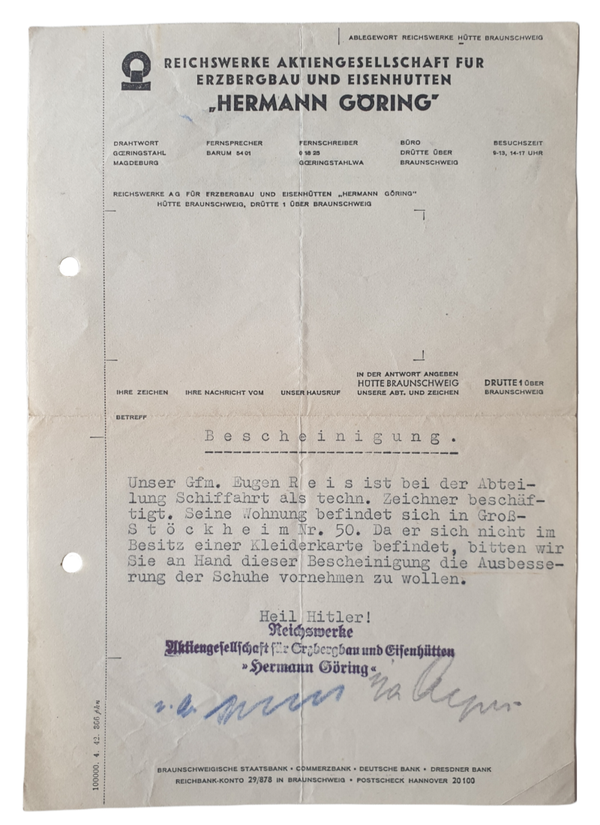 Document - Bescheinigung Reichswerke ''Hermann Göring''
