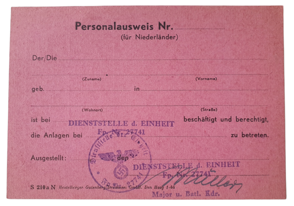 Unused personalausweis für Niederlander 1944