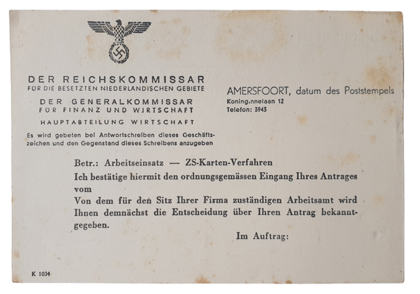 Der Reichskommissar Amersfoort Arbeitseinsatz ZS-Karten-Verfahren document