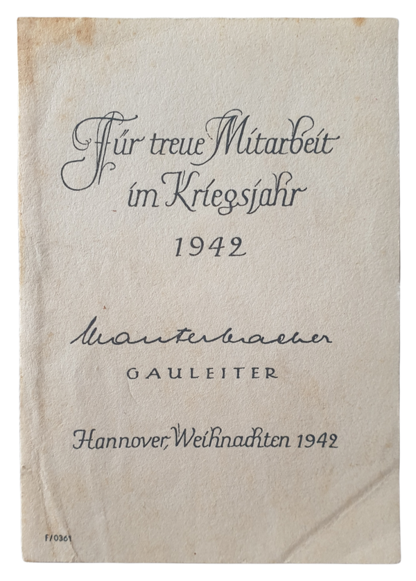 Document - Fur treue mitarbeit im Kriegsjahr 1942 Hannover