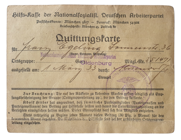 Document - NSDAP Quittingskarte Oldenburg 1933