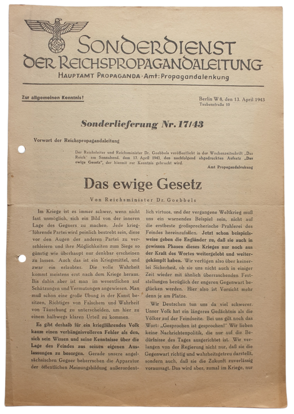 Sonderdienst der Reichspropagandaleitung Nr. 17 ''Das ewige Gesetz'', Joseph Goebbels (1943)
