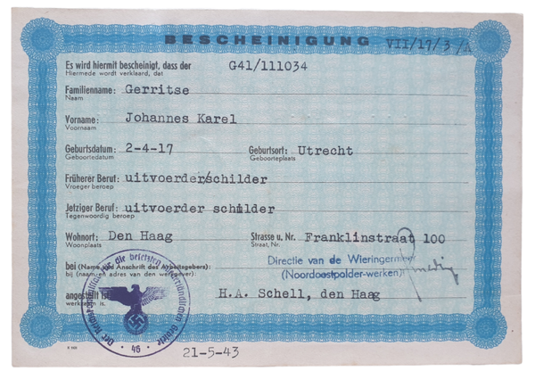 Bescheinigung The Hague, Wieringermeer (1943)