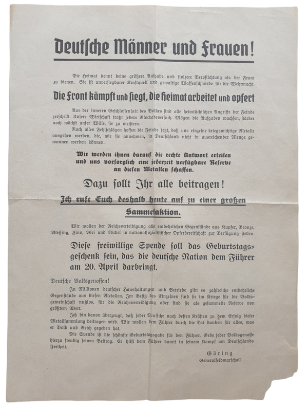 Flyer - Deutsche Männer und Frauen! Hermann Göring