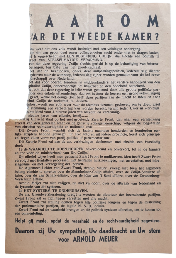 Flyer - Waarom naar de Tweede Kamer? Arnold Meijer Zwart Front