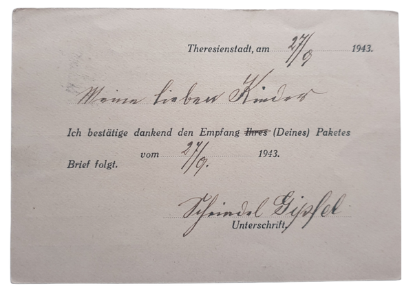 Card - Concentration camp Theresienstadt package confirmation card (1943)