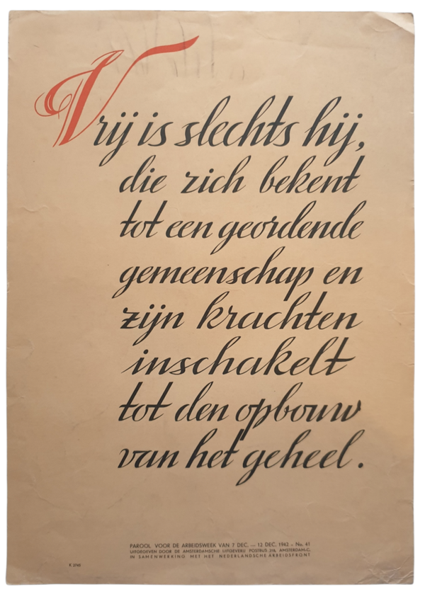 NAF - Nederlands Arbeidsfront mini poster Parool voor de arbeidsweek 1942 no. 41