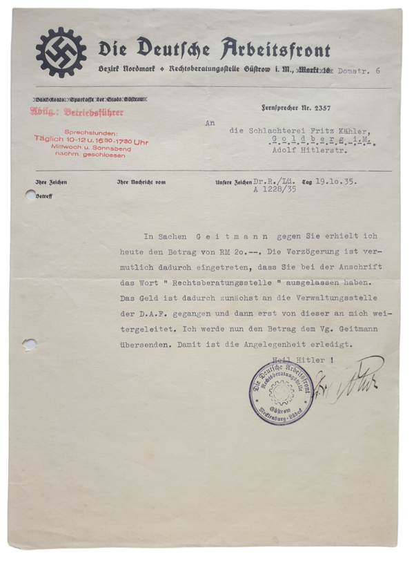 Document - Die Deutsche Arbeitsfront Goldberg (1935)