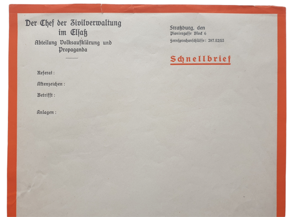 Document - Der Chef der Zivilverwaltung im Elsaz Strassburg, unused schnellbrief