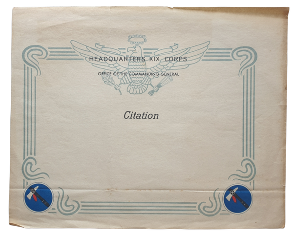 Document - postwar Headquaters XIX Corps Citation, unused