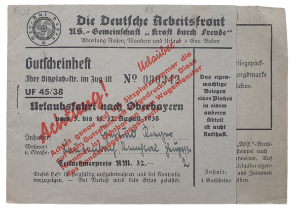 Document - Deutsche Arbeitsfront KDF ''Kraft Durch Freude'' Gutscheinheft (1938)