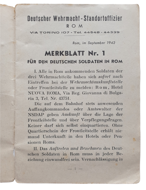 Merkblatt Nr 1. - Für den Deutschen Soldaten in Rom, Rome, Italy (1942)