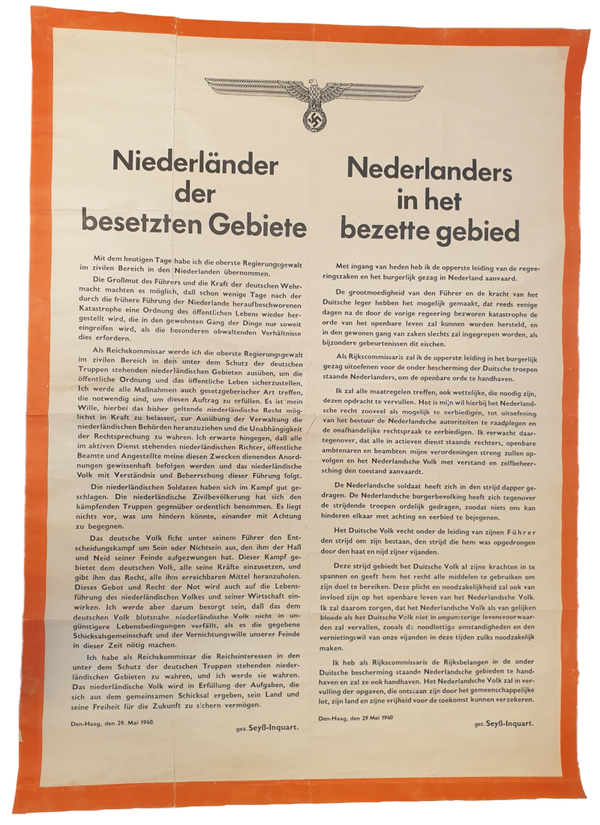 Poster - Notice '''Nederlanders in het bezette gebied'', Seyss-Inquart 29th of May (1940)