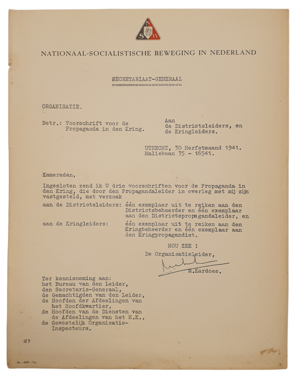 NSB letter - Distribution of propaganda instructions, M. Kardoes (1941)