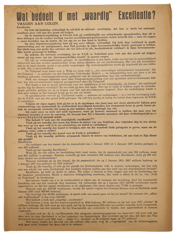 NSB flyer - ''Wat bedoelt u met ''Waardig'' Excellentie (1937)