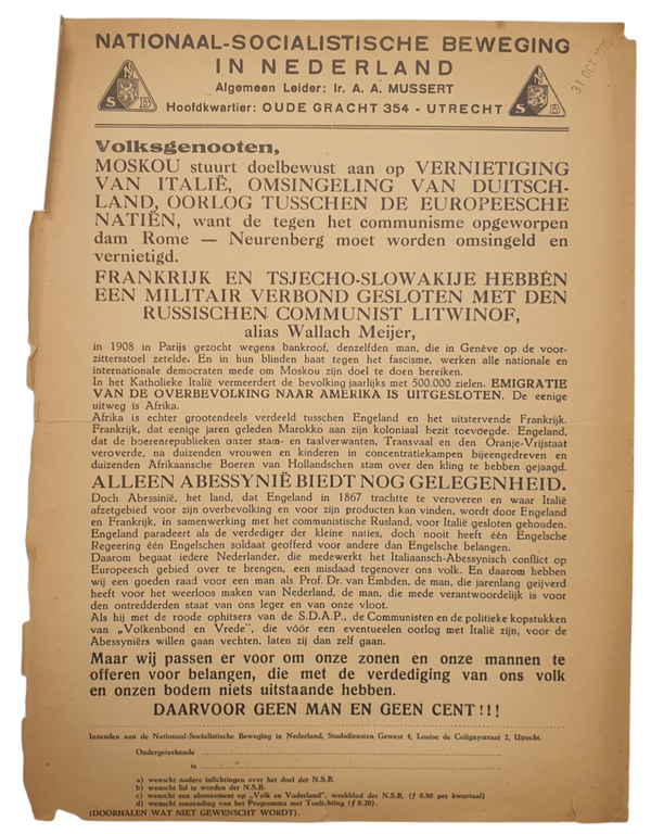 NSB flyer - ''Volksgenooten, Moskou stuurt doelbewust...'' (1935)